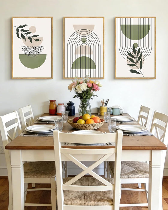 Large 16X24In Green Botanical Boho Wall Art Framed Modern Sage Bohemian Wall Decor Abstract Geometry Lines Prints Ready to Hang Natural Framed