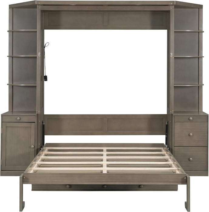 Queen Size Murphy Bed with Desk and Storage, Hidden Foldable Wall Bed with Foldout Workstation, Shelves and Cabinets for Space-Saving Home Office Guest Room, Gray