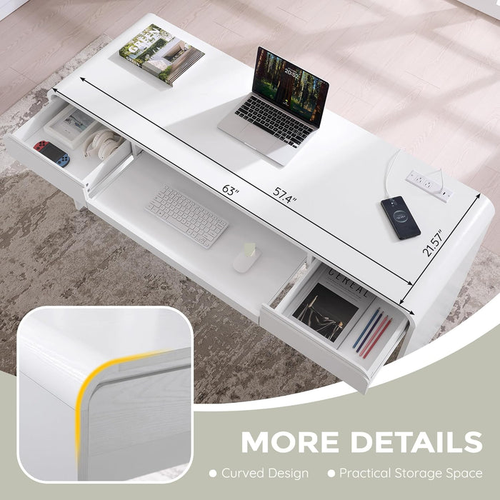 63" Modern Computer Desk with 2 Drawers, Wood Curved Executive Desk with Keyboard Tray & Power Outlet, Writing Desks with Storage for Home Office, Study Room, Living Room (White)