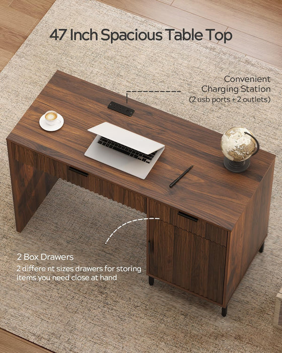 Brown 47 Inch Fluted Executive Desk ChargingStation
