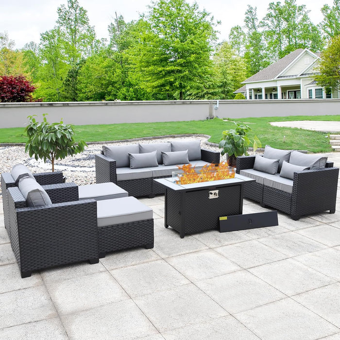 7 PCS Outdoor Furniture Sets 60000BTU 45-Inch Outdoor Propane Fire Pit Table Patio Furniture Set No-Slip Cushions and Waterproof Covers, Light Grey