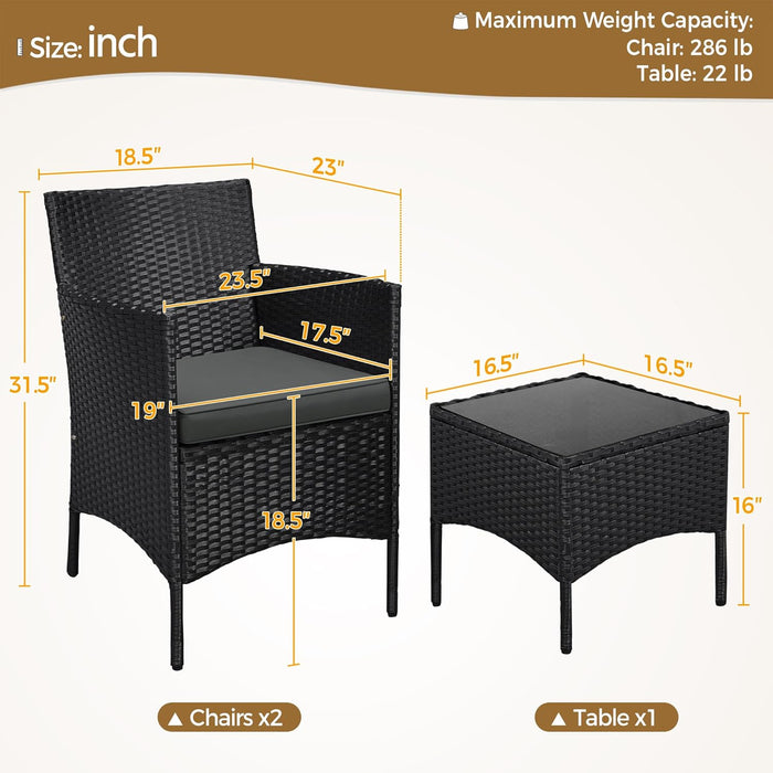 3 Pieces Patio Porch Furniture Set, Outdoor PE Rattan Wicker Conversation Set with Soft Cushions, Glass Coffee Table & 2 Chairs for Garden/Deck/Courtyard/Poolside, Black/Gray