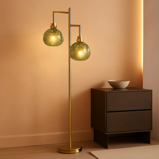 Modern Floor Lamps for Living Room, Standing Lamp with 3 Lights, 68" Tall Lamp for Bedroom, Green Vintage Glass Lamp with Stepless Dimmable for Home Decor, 3 LED Bulb Included, Brushed Gold