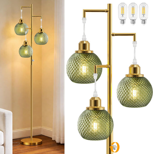 Modern Floor Lamps for Living Room, Standing Lamp with 3 Lights, 68" Tall Lamp for Bedroom, Green Vintage Glass Lamp with Stepless Dimmable for Home Decor, 3 LED Bulb Included, Brushed Gold