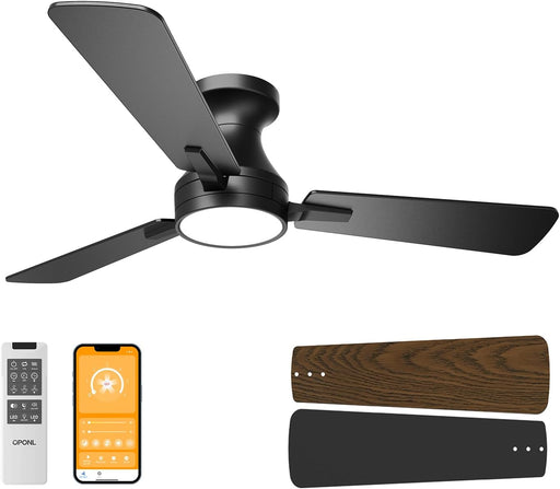 42 Inch Ceiling Fans with Light, Black Low Profile Ceiling Fan with Light, Remote Control, Flush Mount, Reversible, 6CCT, Dimmable, Noiseless, Modern Ceiling Fan for Bedroom, Indoor/Outdoor Use