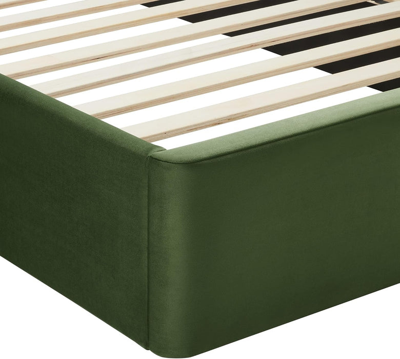 Solana Full Size Performance Velvet Platform Bed in Moss Green – Upholstered Double Bed Frame with Soft Arch Shaped Padded Headboard – Plinth Base Platform Bed Frame