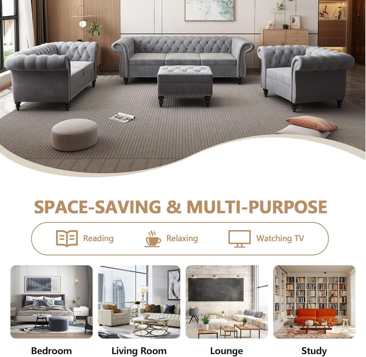 3 Piece Living Room Set, Sectional Chesterfield Sofa Chair Contemporary Upholstered Velvet Loveseat Couch Sets for Living Room, Bedroom, Office