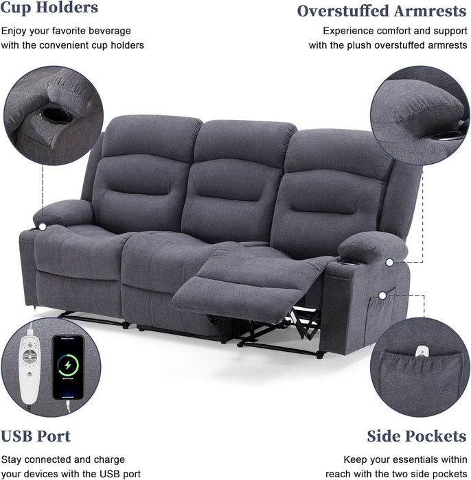 Oversized Recliner Sofa with Heat and Massage, Big Large 3-Seater RV Recliner Couch Sofa for Living Room, Wall-Hugger Reclining Sofa with Cup Holders and USB Port(Fabric, Grey)