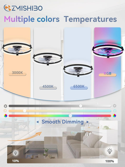 RGB Ceiling Fans with Lights and Remote, 20 Inch Low Profile Ceiling Fan with Light, 3000K-6000K Dimmable & RGB, Modern Fandelier Flush Mount Ceiling Fan, Small LED Fan for Bedroom