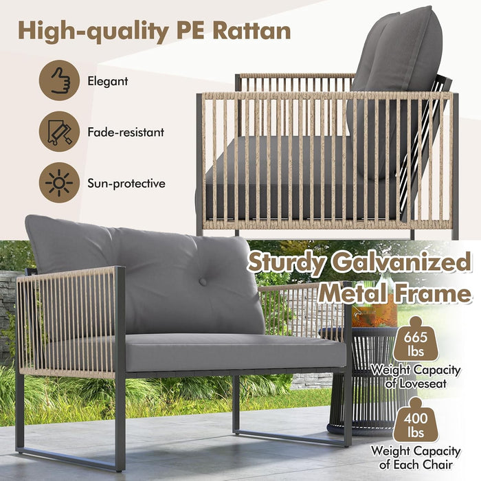8 Pieces Patio Furniture Set, Outdoor PE Rattan Conversation Sofa Set with Thick Cushions and 2-Tier Tempered Glass Coffee Table for Garden, Porch, Balcony and Backyard