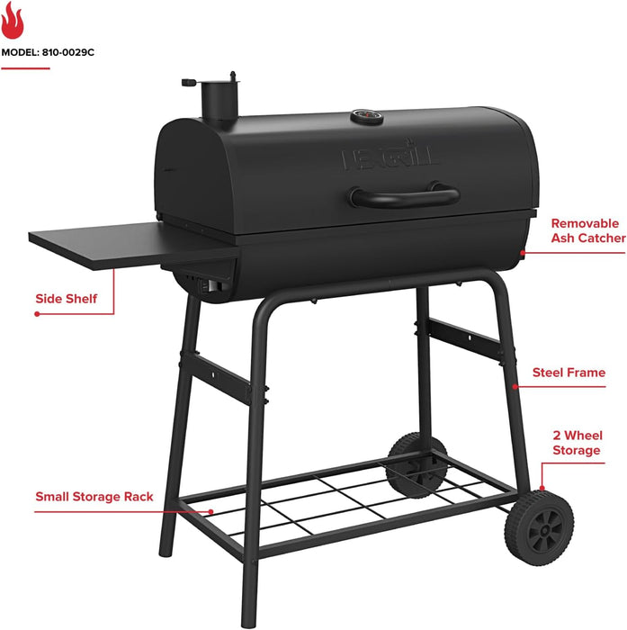 Premium 29" Charcoal Grill with Side Shelf, 552 SQ in Cooking Space, Adjustable Charcoal Tray, Chimney Air Vent, Warming Rack, Barrel Smoker Grill for Camping, Picnics, and More - 810-0029C