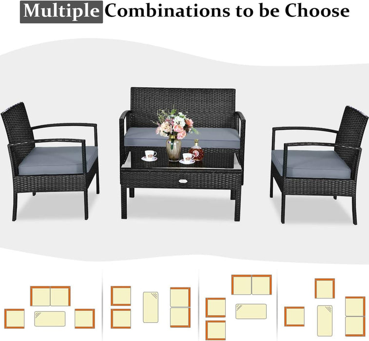 4PCS Patio Rattan Furniture Set, Outdoor Wicker Conversation Set with Tempered Glass Coffee Table, Seat Cushions, Ideal for Poolside Balcony Porch Backyard