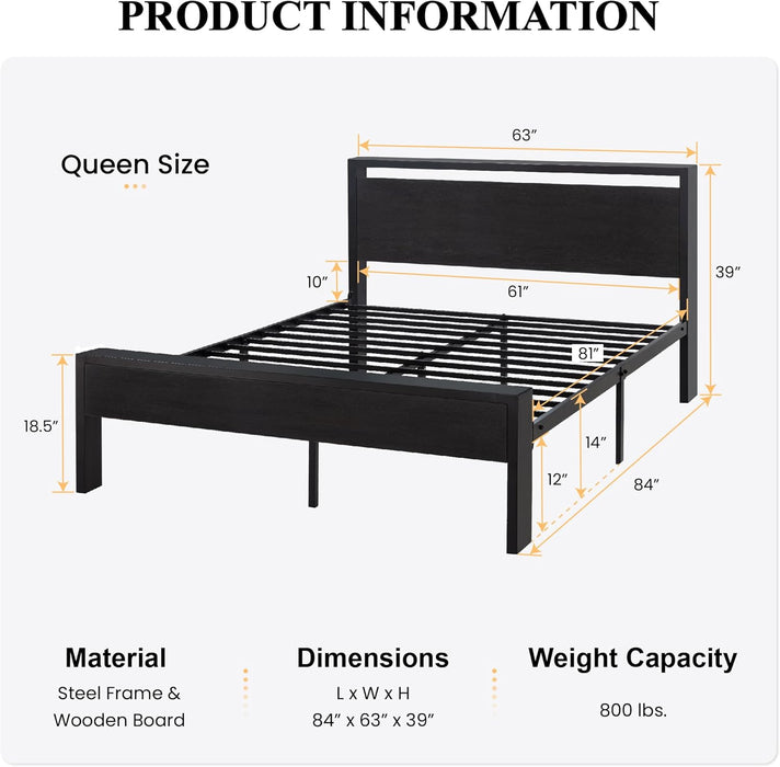 14 Inch Queen Size Metal Platform Bed Frame with Wooden Headboard and Footboard, Mattress Foundation, No Box Spring Needed, Large under Bed Storage, Non-Slip without Noise, Black Oak