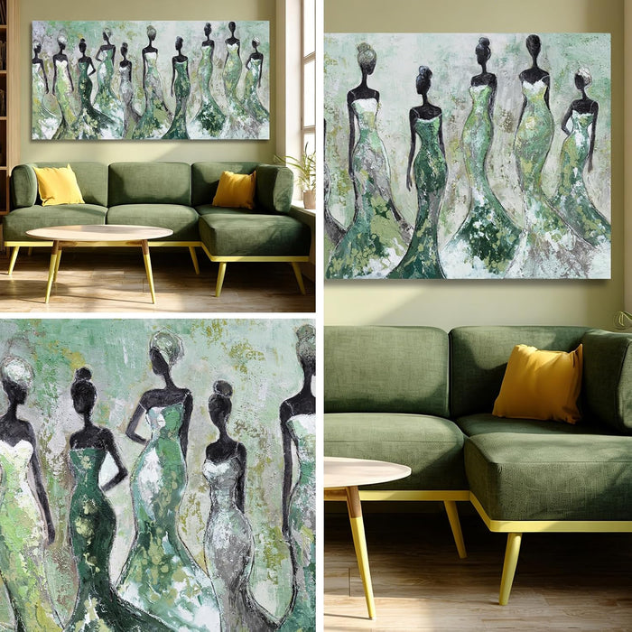 Black Women Canvas Wall Art, Large Wall Decor for Living Room, Green White Women Wall Art Print for Bedroom Office, Modern Canvas Art, 29X58 Inch