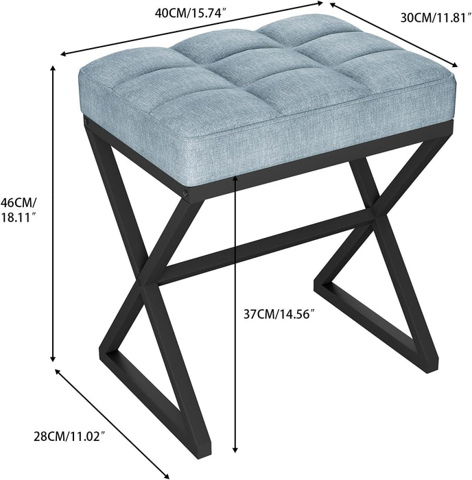 Vanity Stool, Linen Footrest Stool, Ottoman Bench with X-Shaped Metal Legs, Makeup Dressing Stool for Vanity, Living Room, Bedroom, Entryway, Hallways 15.74"D×11.81"W×18.11"H Blue Gray UHBD033L