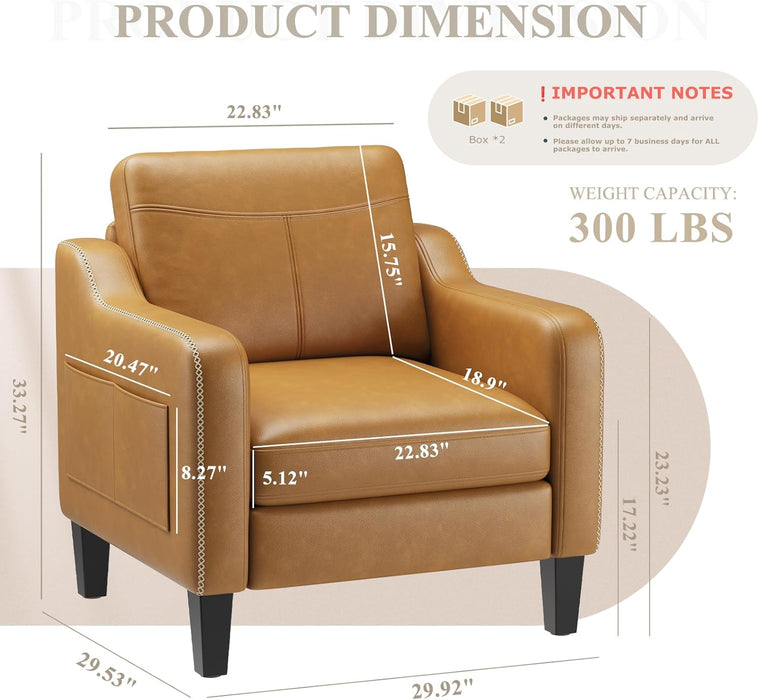 PU Leather Accent Chair Set of 2, Mid-Century Modern Living Room Armchair Sofa with Removable Cushions, Solid Wood Frame & Stitched Armrest Design, Bedroom Chair with Plastic Legs, Brown