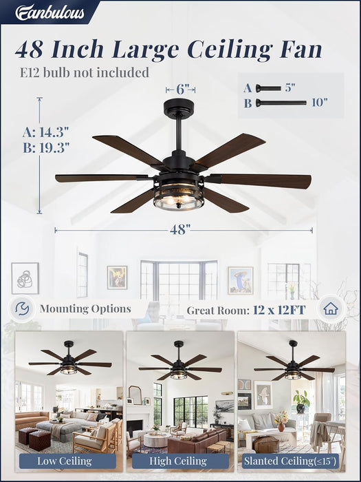 48" Farmhouse Ceiling Fans with Lights and Remote,Industrial Large Ceiling Fan with 6-Speed Reversible DC Motor and 6 Dual Finish Blades,Black Ceiling Fan with Light for Living Bedroom Patio