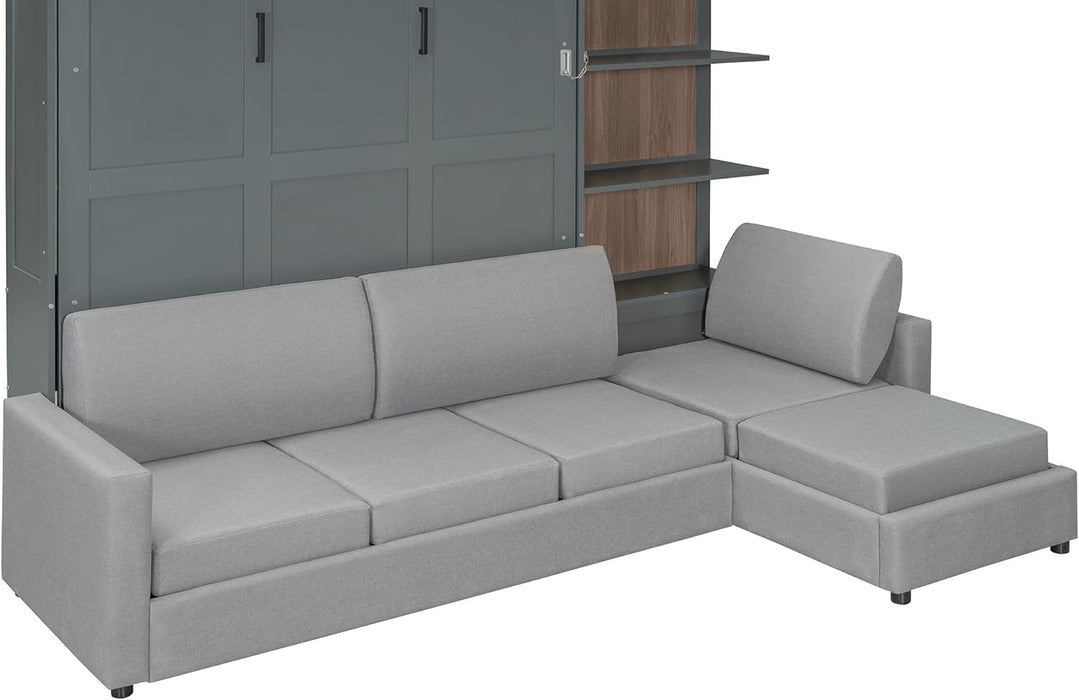 Murphy Bed Queen Size Wall Bed with Sofa,Wood Murphy Bed,Platform Bedfram Chest Can Be Folded,Hideaway Cabinet W/Shelves and Slat Support,Space-Saving Furniture for Study,Office,Gray