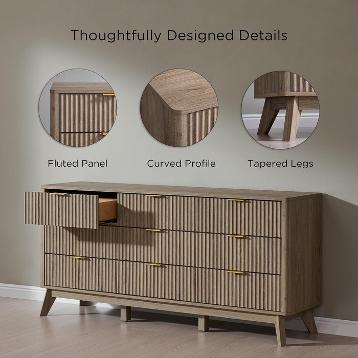 63" Wide Fluted 9 Drawer Dresser for Bedroom, Grey Alder