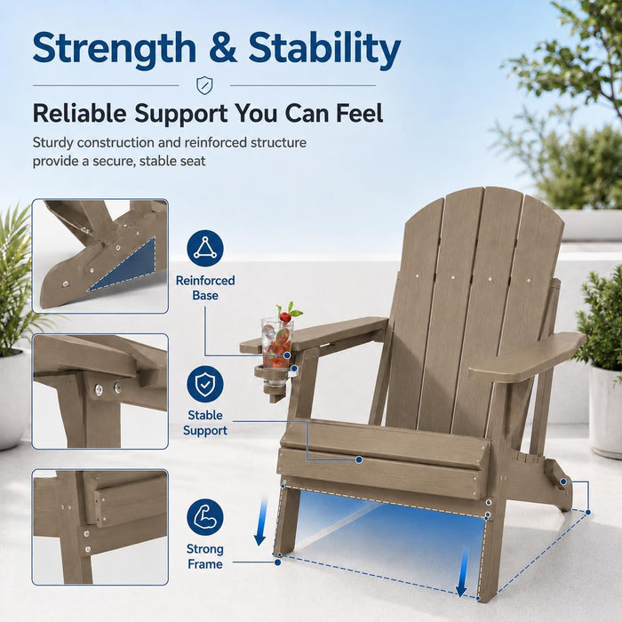 Folding Adirondack Chairs Set of 6 with Cup Holders, Heavy Duty HDPE Plastic Outdoor Chairs, Weather Resistant Heavyweight Patio Furniture Set for Deck, Fire Pit, Backyard, Brown