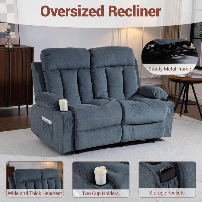 Reclining Loveseat with Cup Holders, 2 Seats Manual Recliner Chair, Comfy Love Seat Sofa Couch for Living Room, Home Theater, Office, Blue