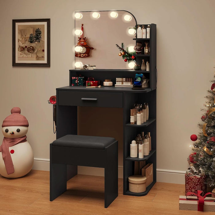 Makeup Vanity with Chair, Small Vanity Desk with Mirror and Lights 3 Colors, Girls Vanity Set with Power Outlet, Compact Vanity Table for Small Space, Black