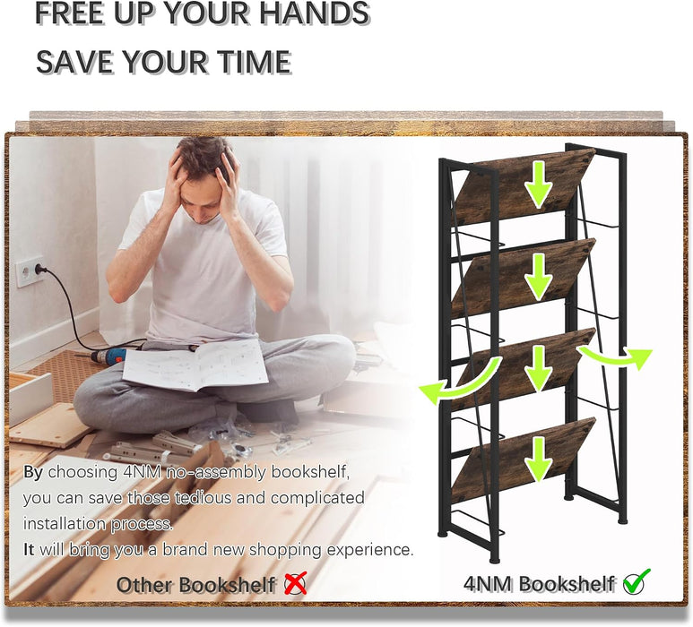 No Assembly Folding Bookshelf Storage Shelves 4 Tier Vintage Bookcase Standing Racks for Bedroom Living Room Home Office