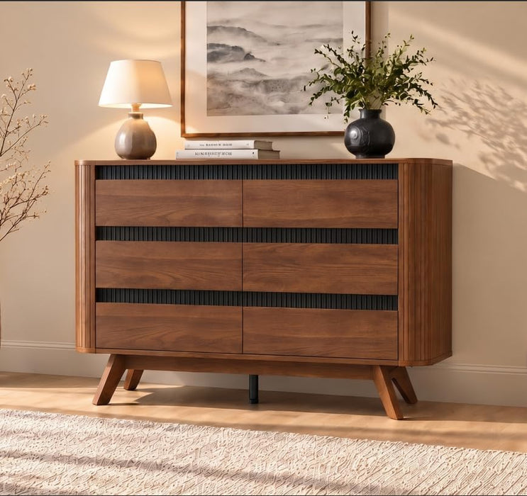 Fluted 6 Drawer Dresser for Bedroom, 47W X 31H, Modern Walnut Brown