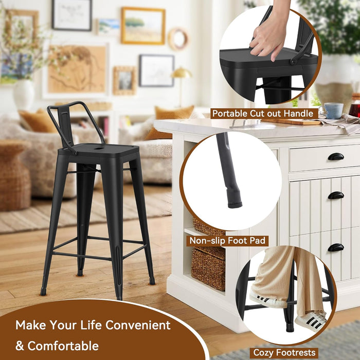 Metal Barstools Set of 4 Industrial Bar Stools with X-Brace Support, Matte Black, 30 Inch