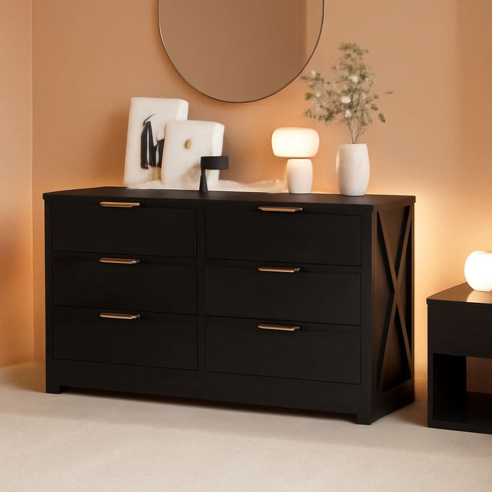 Modern 6 Drawer Dresser for Bedroom, Dresser Chest of Drawer with Large Drawers & Golden Handles, Wooden Dressers Drawer Storage Unit for Bedroom, Living Room, Closet (Black)
