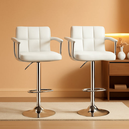 Bar Stools Set of 2,Armrest Adjustable Swivel Barstools with Back,Double Needle PU Leather Counter Height Bar Stools for Kitchen Island, White
