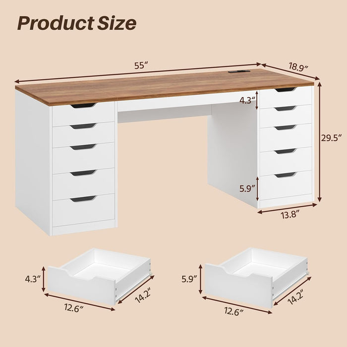 55 Inch Computer Desk with 10 Drawers and Outlets for Home Office