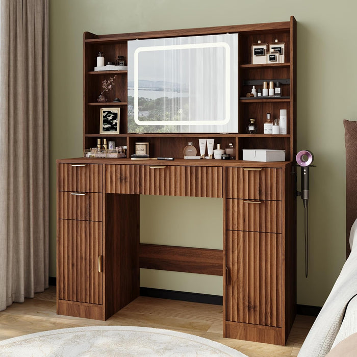 43.3" Fluted Vanity Desk with Mirror and Lights, Wood Makeup Vanity Desk with Charging Station & Mobile Mirror, Modern Dressing Table with Adjustable Shelves & Jewelry Hooks for Girls, Women, Walnut