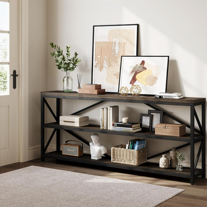 Industrial Console Sofa Table,70.8 Inch Extra Long Entryway Table with 3 Tier Wood Storage Shelf for Living Room, Hallway, Entrance, Narrow Sofa Table with Metal Frame, Black and Brown