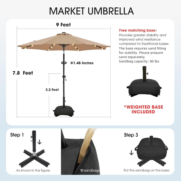 9FT Solar Led Patio Umbrella with Base Included, 32 LED Lights, 8 Sturdy Ribs, Fade Resistant Waterproof POLYESTER DTY Canopy for Garden, Lawn, Deck, Backyard & Pool, Tan