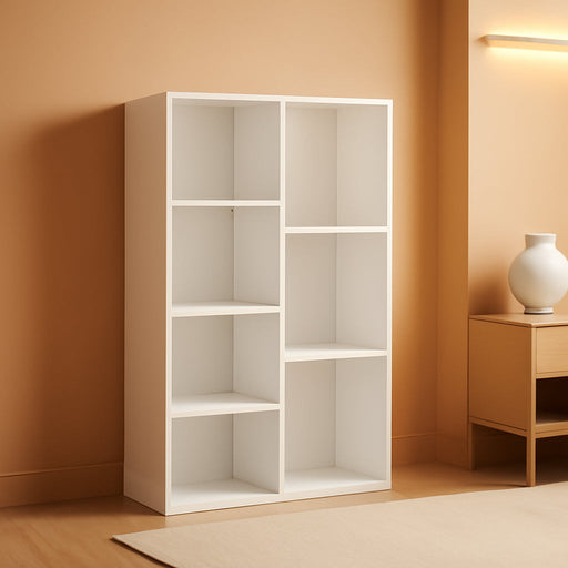 7 Cube Organizer Bookcase, Storage Shelves, Book Shelf, White, 9.25"D X 19.49"W X 41.73"H