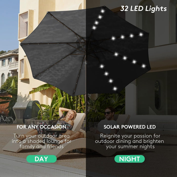 9FT Outdoor Patio Umbrella with Solar Lights, LED Lighted Pool Umbrella with Tilt and Crank, Outdoor Table Umbrellas for Deck, Yard & Market (Dark Gray)