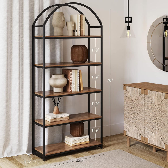 Nathan James Haven Etagere Bookshelf, 5-Shelf Bookcase in Oak Wood and Black Metal Frame with Arch Top and Open Shelves, Oak/Black, Set of 2
