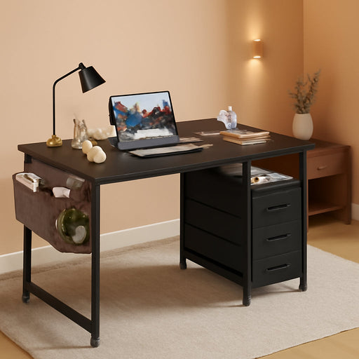 32-Inch Small Computer Desk with Fabric Drawers and Charging Station, Kids Girls Teen Study Writing Desk for Bedroom, Home Office Desk with Storage Shelf & Bag, Vanity Table for Small Space,Black
