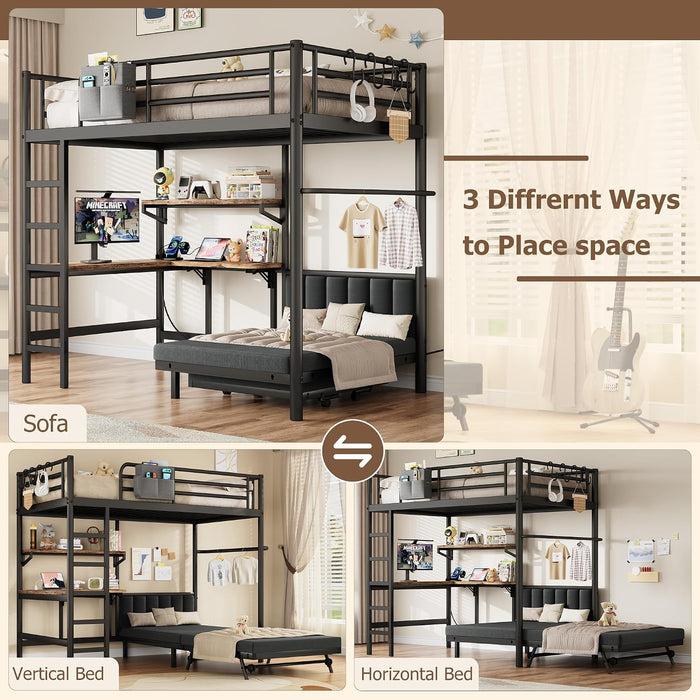 Twin Loft Bed IndustrialFrame WithDeskAndStorage Mattress