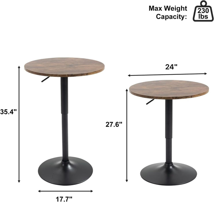 24" round Bar Table, Bistro Pub Table, Adjustable Height Pub Table, 360° Swivel Cocktail Bar Table with Metal Base and MDF Top, Suitable for Small Space, Bar, Bistro, Café, Brown