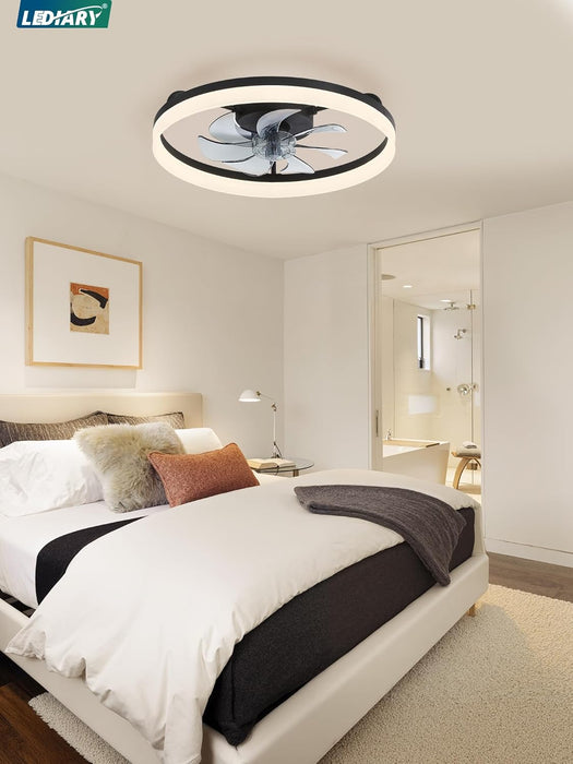 Ceiling Fans with Lights, 20 Inch Low Profile Flush Mount Ceiling Fan, Dimmable LED, APP & Remote Control, Quiet Reversible DC Motor, 6 Speeds, Fandelier for Bedroom, Black