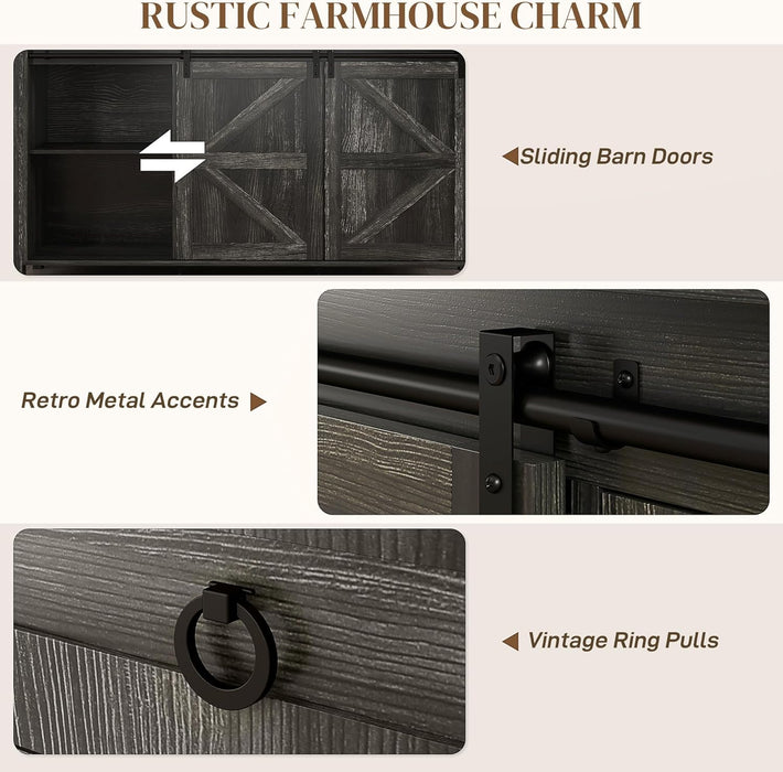 60" Farmhouse Sideboard Buffet Cabinet with Storage, Kitchen Cabinet with 2 Sliding Barn Doors, 4 Deep Drawers and 2 Adjustable Shelves, Distressed Dark Gray