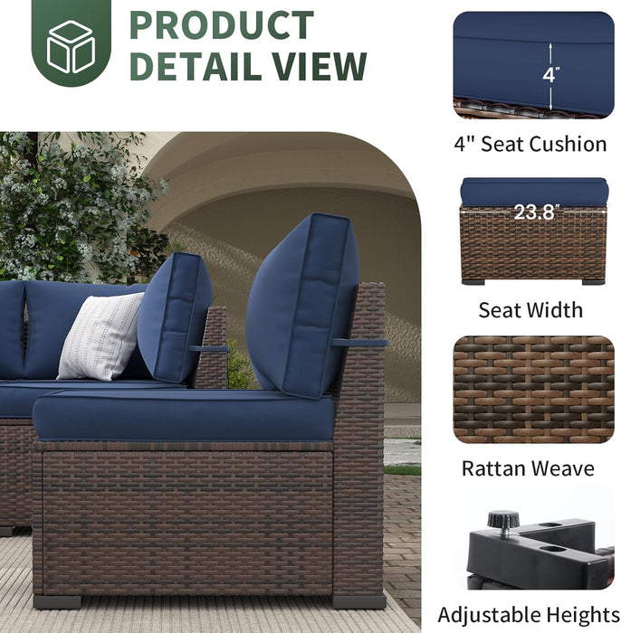 7 Pieces Patio Furniture Set, Outdoor Furniture Sectional Rattan Sofa with Slanted Back, Patio Couch with Glass Coffee Table for Backyard Garden Navy Blue (Waterproof Cover)
