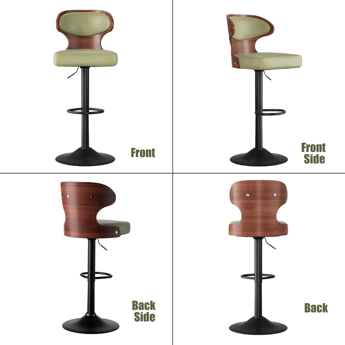 Swivel Bar Stools Set of 4,Adjustable Height Bentwood Barstools | Easy-Clean Faux Leather Upholstered Seat, Back & Footrest, Mid-Century Modern Bar Chair for Kitchen Island, Counter, Green