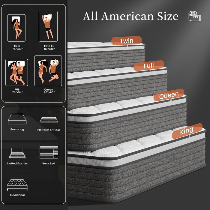 King Mattress 12 Inch Hybrid King Size-Gel Memory Foam Mattress in a Box, Individually Wrapped Pocket Spring, Pressure Relief Edge Support, Medium Firm