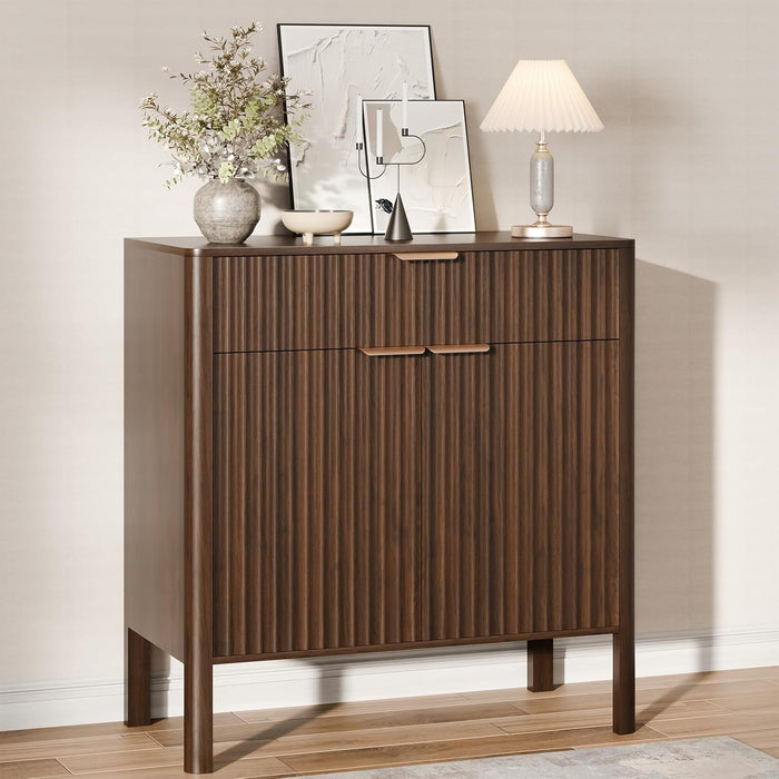 Fluted Buffet Cabinet Accent with Doors & Drawer 31" Walnut | Anti-Tipping Design, Scratch & Water-Resistant, Pre-Drilled Easy Assembly Versatile for Kitchen, Entryway & Living Room