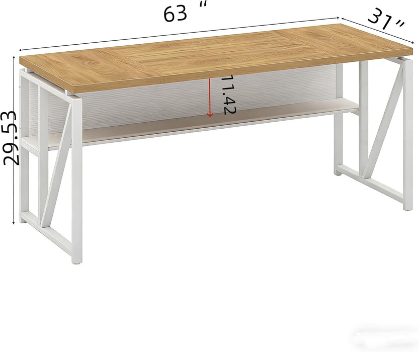 63 Inches Computer Desk with Bottom Storage Shelf Home Office Desk Writing Table for Workstation, Dark Walnut + Steel Leg, Cabinet Not Included (Light Oak, 63-Inch-With Shelf)