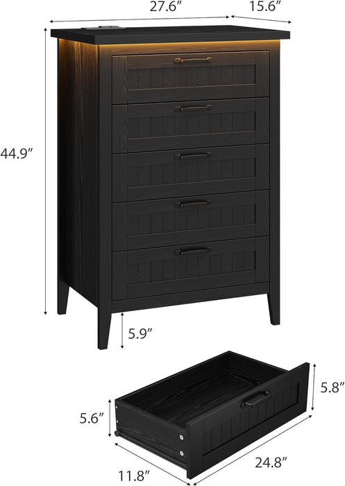 5 Drawer Dresser for Bedroom with Charging Station and LED Lights, Farmhouse 44.9" Tall Chest of Dresser with Large Storage, Rubst Wood Construction for Living Room, Hallway & Entryway, Black