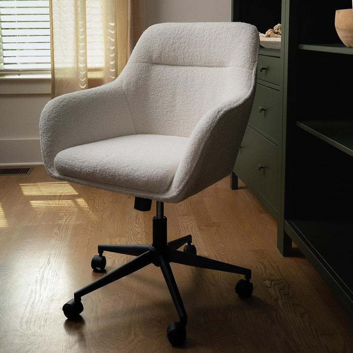Rayna Swivel Task Chair with Flared Arms for Home Office in White Boucle with Oil Rubbed Bronze Frame